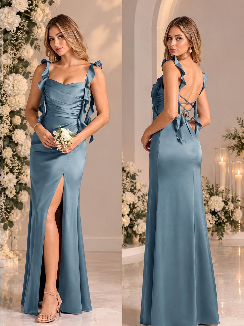Azazie Slate Blue Satin Ruffled-Strap Prom Gown